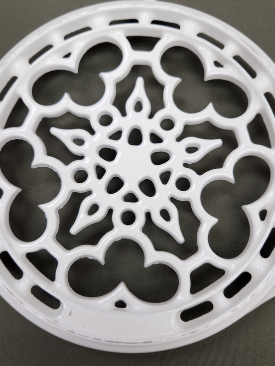 Le Creuset Other - Le Creuset Footed White Cast Iron Round Trivet Glossy Floral France Pre-loved